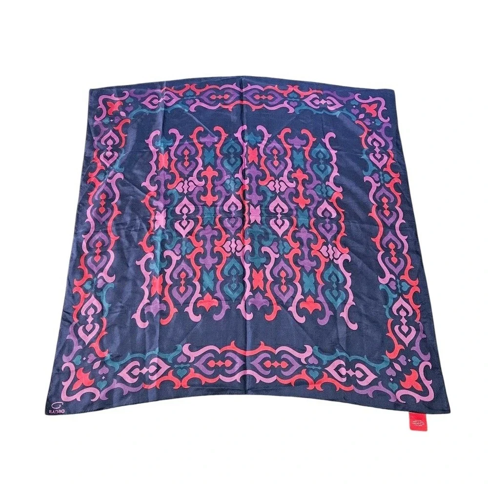 Oscar de la Renta Silk Scarf Navy Blue Pink Purple Scroll Damask Square